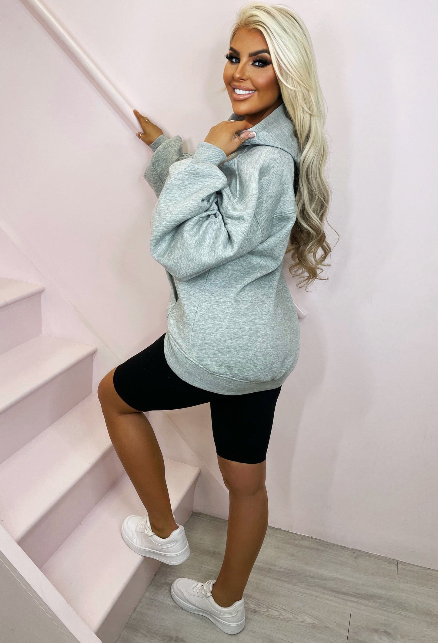 Pucker Up Girls Grey Marl Ruched Sleeve Hooded Sweatshirt
