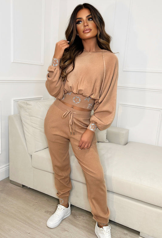 Star Night Beige Star Cinched Waist Hooded Knitted Loungewear Set