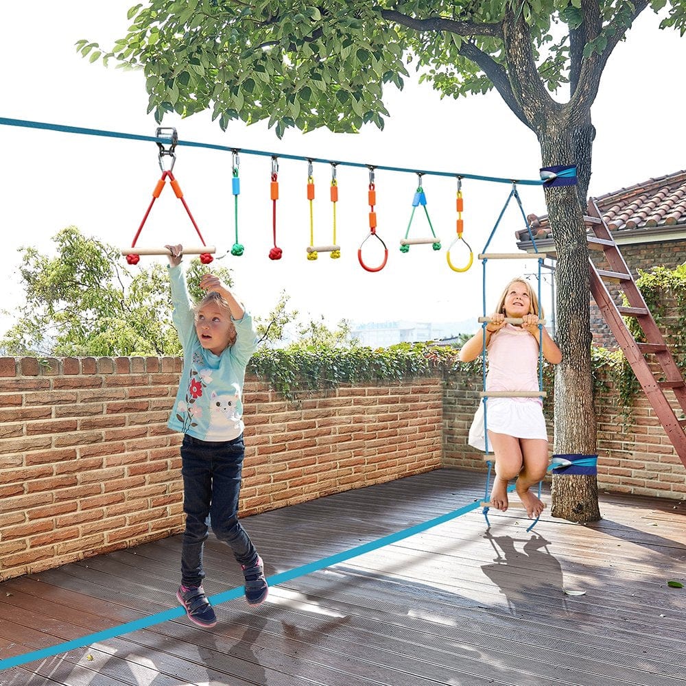 KLOKICK 2X50Ft Ninja Warrior Obstacle Course for Kids with Pulley, Ninja Warrior Slackline Kit with Accessories, Monkey Bars, Gym Rings,Climbing Ladder