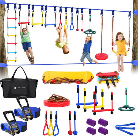 Outdoor Toys for Kids, Gentle Booms Ninja Warrior Obstacle Course for Kids Slackline with Climbing Rope Ladder Swing Seat Monkey Bar Gymnastics Ring Playground Sets for Kids