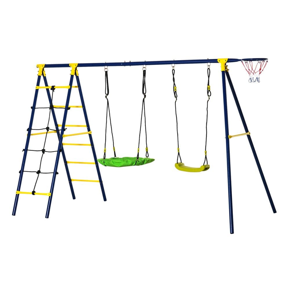Outsunny Kids Metal Swing Set for Backyard, Outdoor Play Equipment, with Adjustable Swing Seat, Basket Hoop, Climb Ladder, Net, A-Frame Metal Stand, for 3-10 Years Old, Green