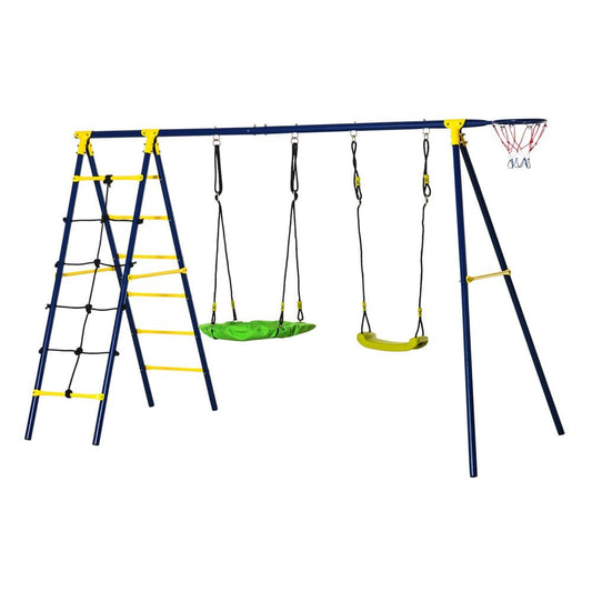 Outsunny Kids Metal Swing Set for Backyard, Outdoor Play Equipment, with Adjustable Swing Seat, Basket Hoop, Climb Ladder, Net, A-Frame Metal Stand, for 3-10 Years Old, Green