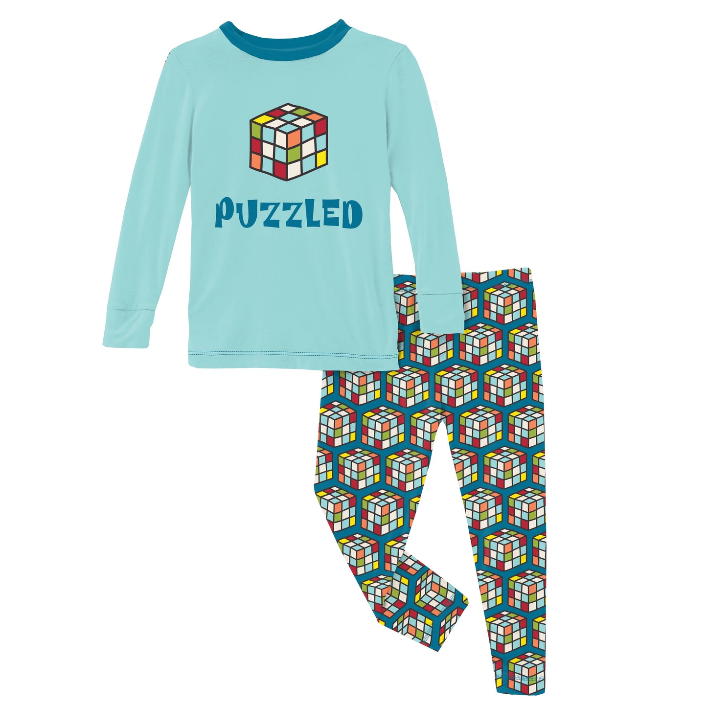 Kickee Pants Long Sleeve Pajama Set | Cerulean Blue Puzzle Cube