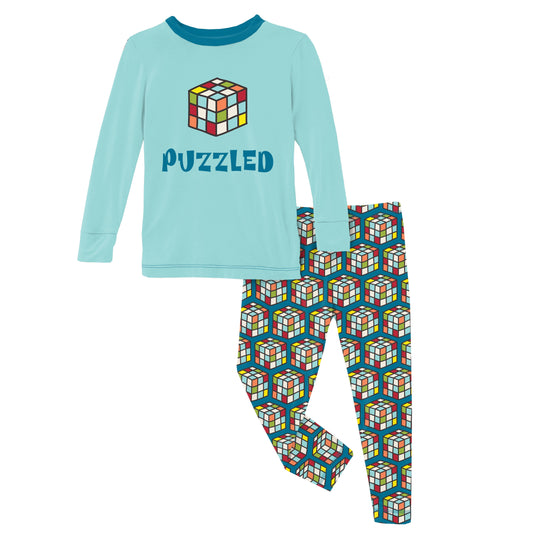 Kickee Pants Long Sleeve Pajama Set | Cerulean Blue Puzzle Cube