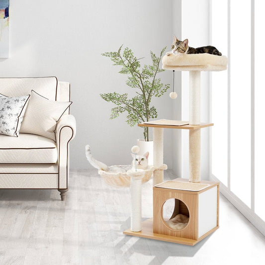 PAWZ Road 42.5" Wooden Cat Tree Modern Cat Tower Kitten Climbing Condo, Beige