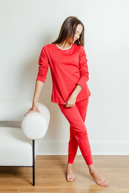 Pima Long Sleeve and Jogger Set Lounge + Pajama Sets Leena & Lu XS Red