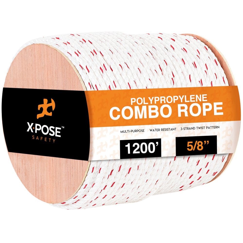 Poly Combo 3 Strand Safety Rope - 5/8" X 1200' - UV Coated Polypropylene Rope - for Fall Protection, Ladder Safety, Climbing, Arborist Rigging Equipment, Roofing Harness - by Xpose Safety