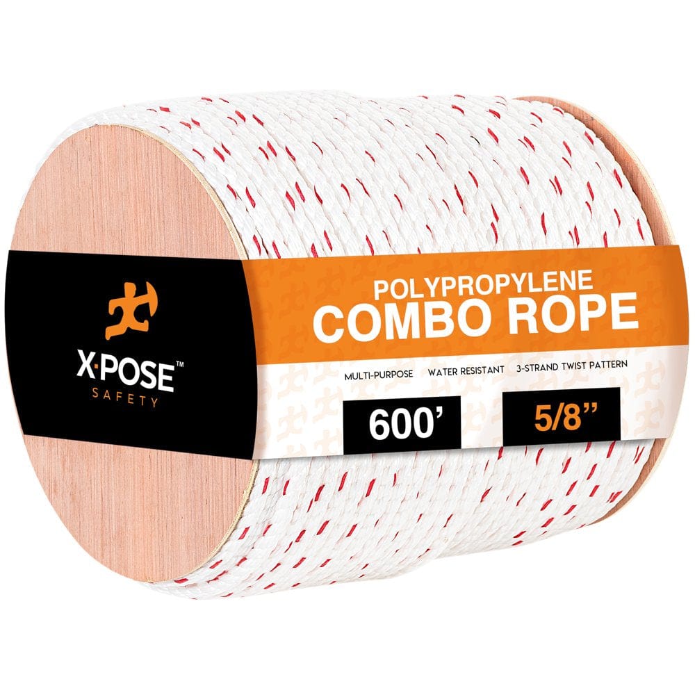Poly Combo 3 Strand Safety Rope - 5/8" X 1200' - UV Coated Polypropylene Rope - for Fall Protection, Ladder Safety, Climbing, Arborist Rigging Equipment, Roofing Harness - by Xpose Safety