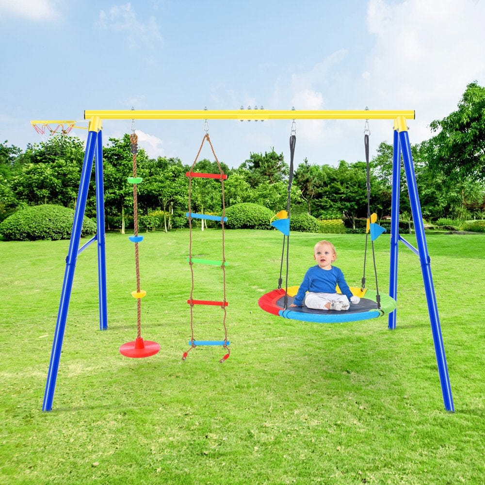 SESSLIFE Kids Backyard Swing Set, 3 in 1 Metal Swing Set with Swing Seat and Glider, A-Frame Swing Frame, Kids Swing Frame, Outdoor Swingset for up to 12 Years of Age, Max Weight 400 Lbs