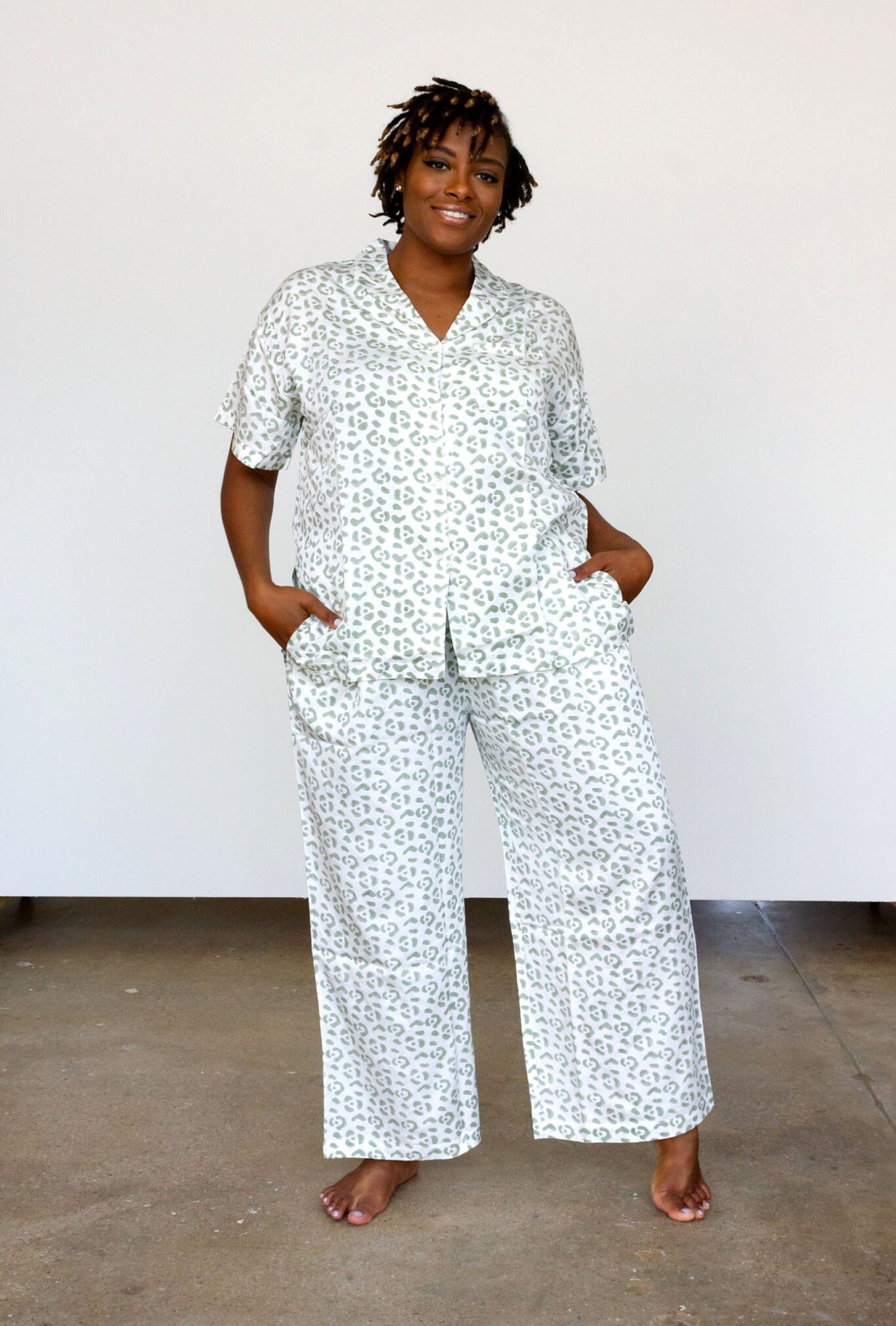 Modal Leopard Pajama Set - Cream + Sage