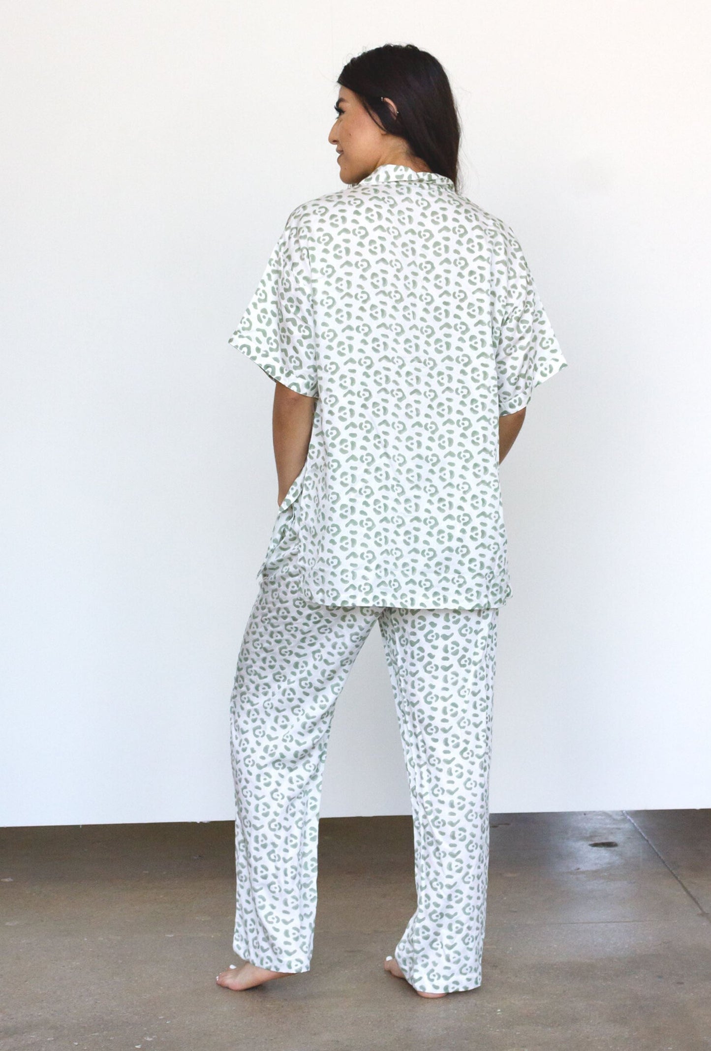 Modal Leopard Pajama Set - Cream + Sage