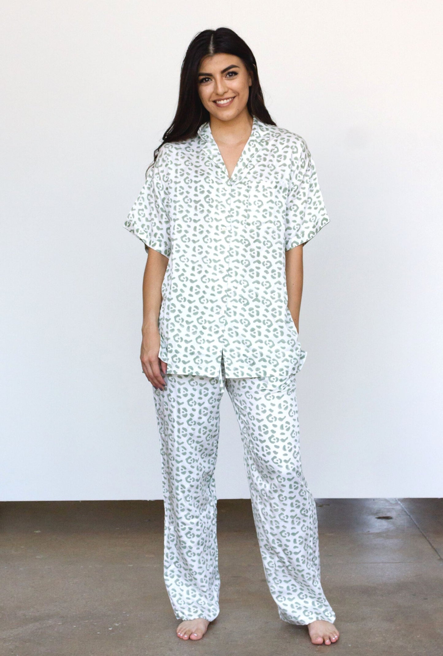 Modal Leopard Pajama Set - Cream + Sage