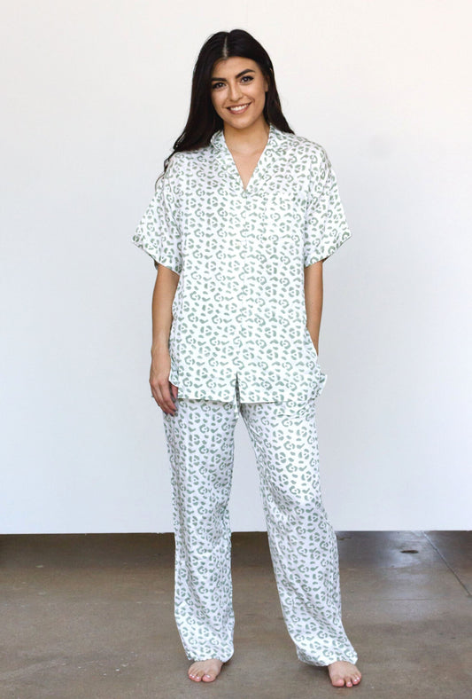 Modal Leopard Pajama Set - Cream + Sage