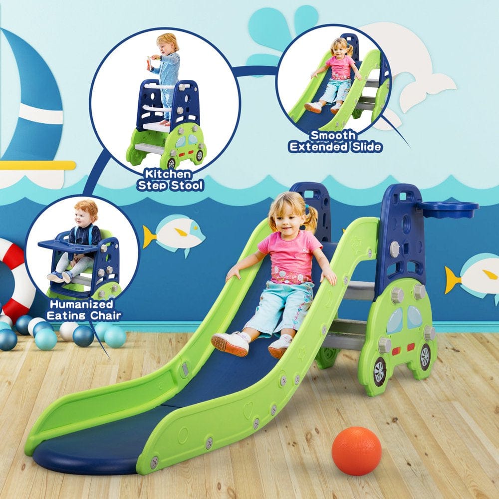 TOBBI Toddler Slide 3 in 1 with Basketball Hoop, Easy Climb Stair, Extra Long Slide and Ball, Kids Kitchen Step Stool