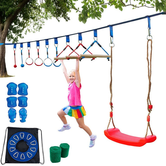 VEVOR Ninja Hanging Obstacle Course Portable 40Ft, Slackline Monkey Bar Kit with 11 Swinging Obstacles,1 Climbing Rope, 4 Rings, 3 Monkey Bars - 250Lb Capacity Backyard Playground Equipment Swing Set