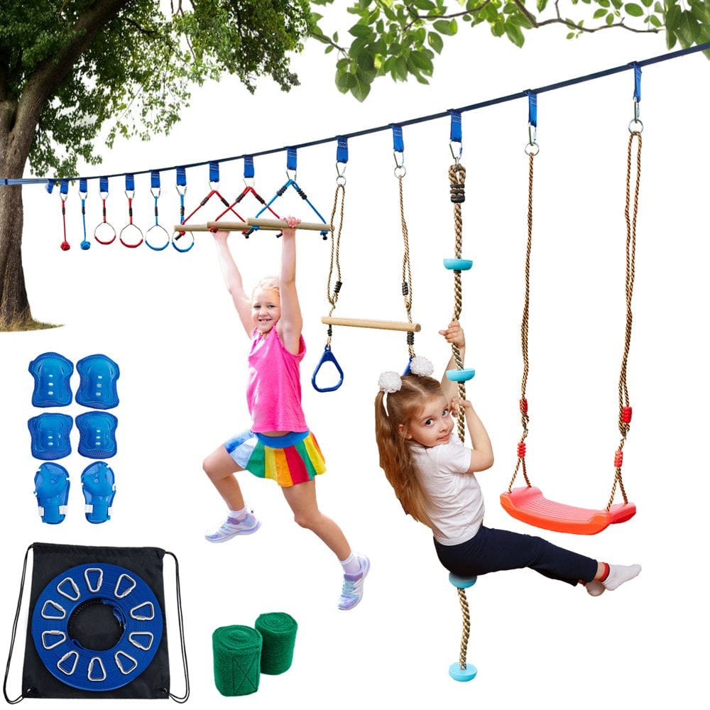 VEVOR Ninja Hanging Obstacle Course Portable 40Ft, Slackline Monkey Bar Kit with 11 Swinging Obstacles,1 Climbing Rope, 4 Rings, 3 Monkey Bars - 250Lb Capacity Backyard Playground Equipment Swing Set