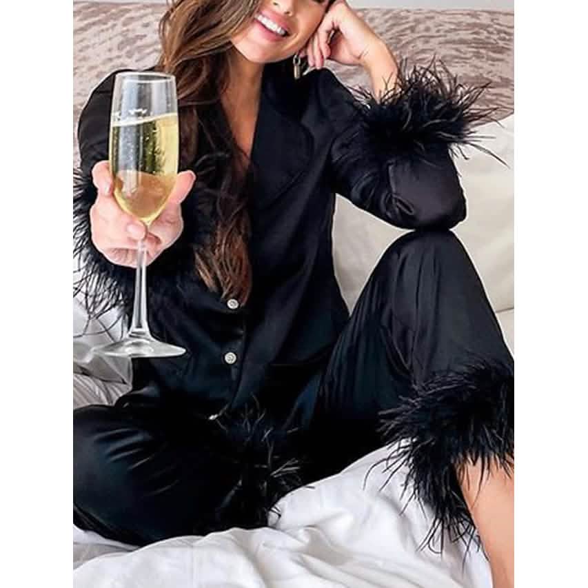 Women's Loungewear Pajamas Sets Pure Color Silk Simple Soft Shirt Pant Women's Loungewear Black S - DailySale