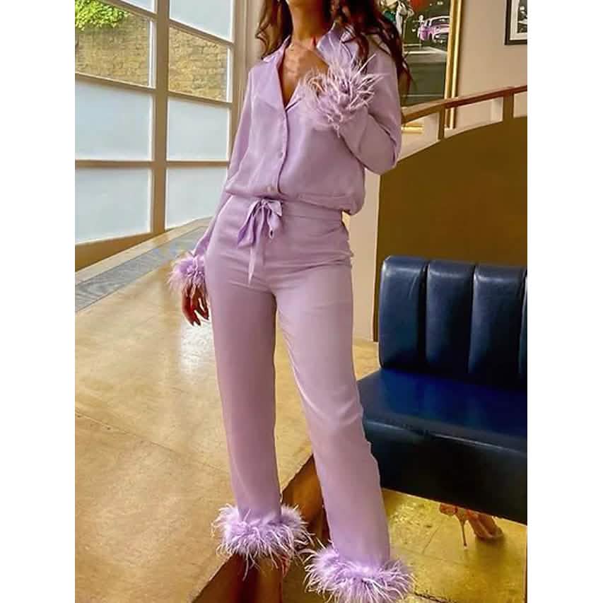 Women's Loungewear Pajamas Sets Pure Color Silk Simple Soft Shirt Pant Women's Loungewear Purple S - DailySale