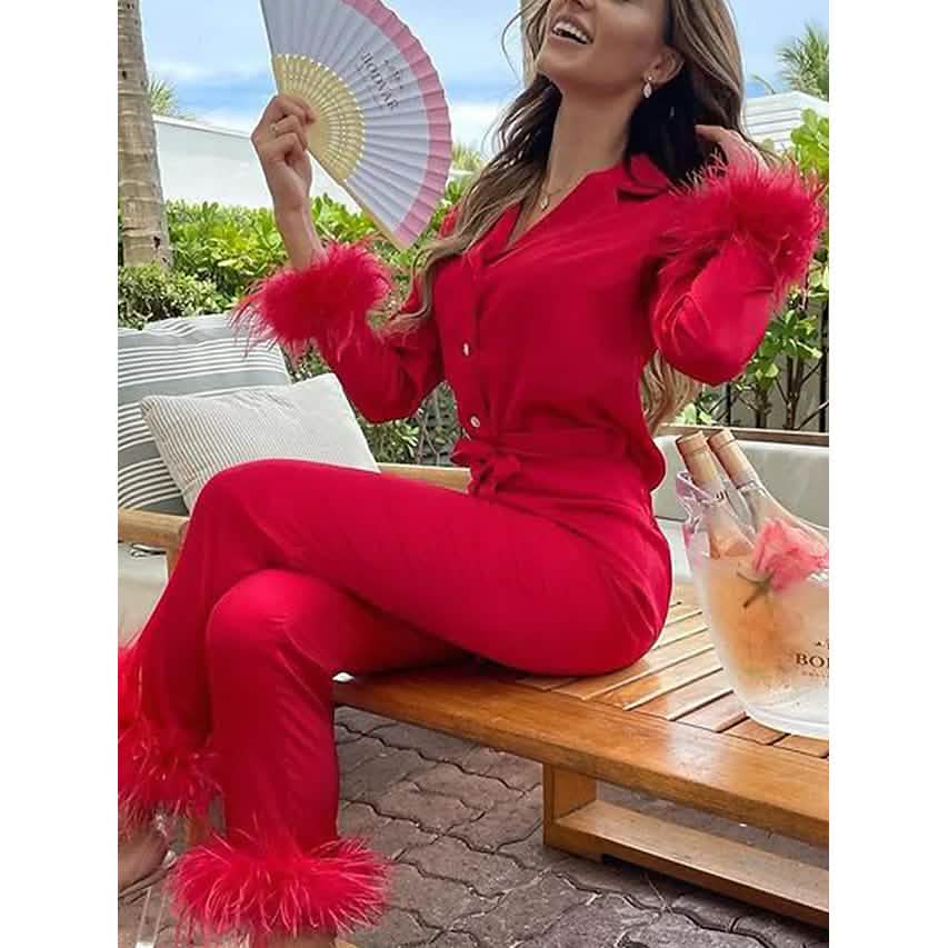 Women's Loungewear Pajamas Sets Pure Color Silk Simple Soft Shirt Pant Women's Loungewear Red S - DailySale