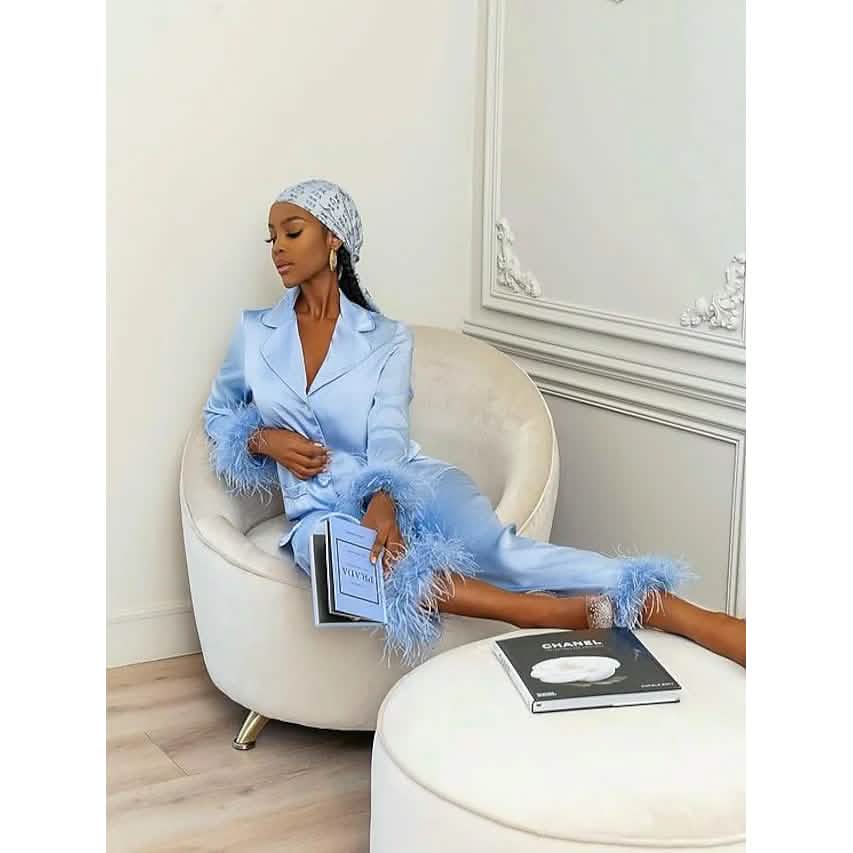Women's Loungewear Pajamas Sets Pure Color Silk Simple Soft Shirt Pant Women's Loungewear Sky Blue S - DailySale