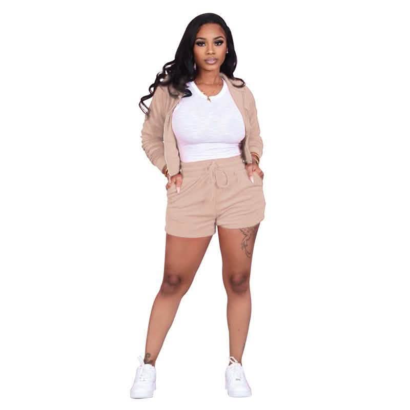 Women's Tracksuits Casual Sportswear Neon Two-Piece Short Sets Women's Clothing Khaki S - DailySale